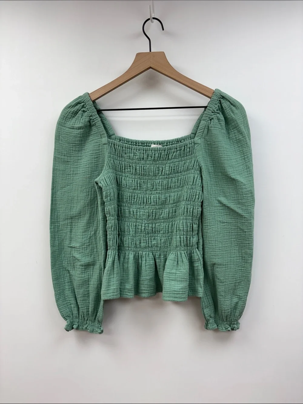 J. Crew Smocked Puff Sleeve Square Neck Woven Blouse Seafoam Green XS